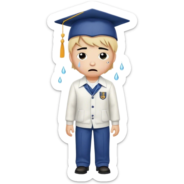 Create an emoji of a student with white skin tone crying. He is wearing a university uniform, including a shirt and pants and hat. The man is visibly upset, with tears streaming down his face. The background should be simple to emphasize his emotional state, conveying the feeling of being overwhelmed with school stress or personal struggles sticker