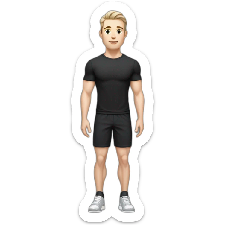 Pale skinned Fit Man With the biceps and dark brown hair in black shirt, gray sports shorts and white Sneakers sticker