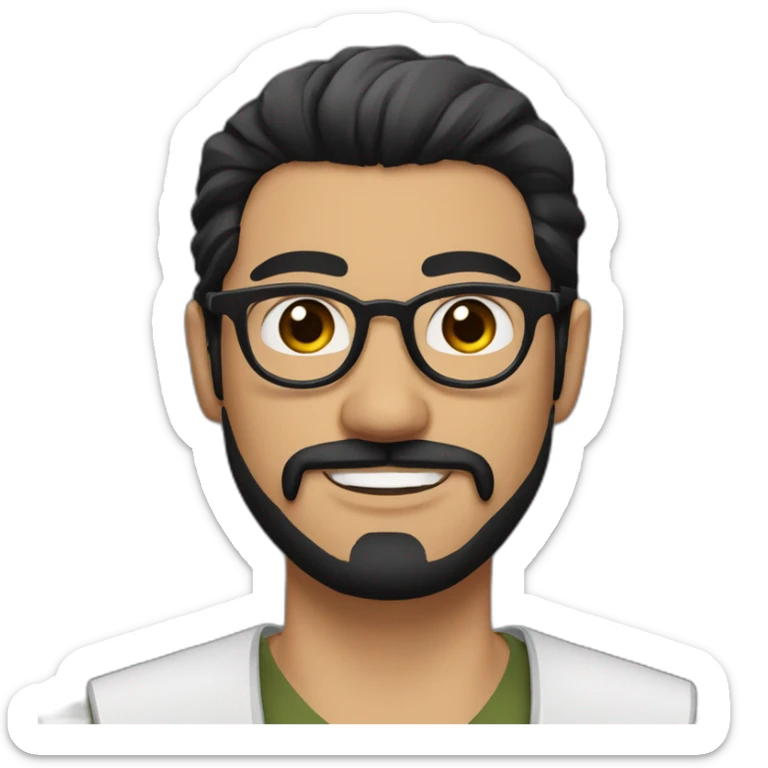 Arabic man, very short black hair, round hipster glasses, dark beard and mustache, round-ish face, brown eyes, beautiful smile, samurai sticker