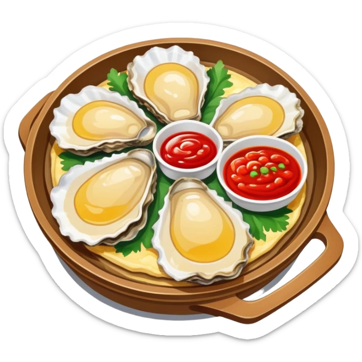 Fujian oyster omelette with red sauce, simplified emoji style with bold outlines and bright colors, cartoon style Xiamen street food sticker
