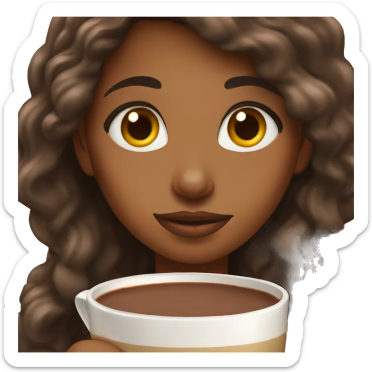 Brown  girl with brown long hair and a hot chocolate sticker