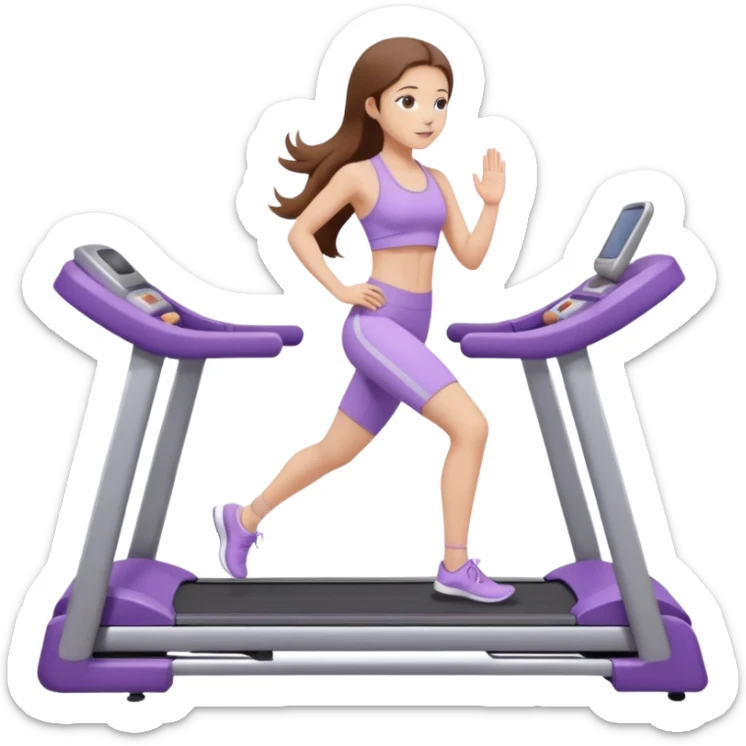 girl with long brown hair on treadmill wearing light purple yoga set sticker