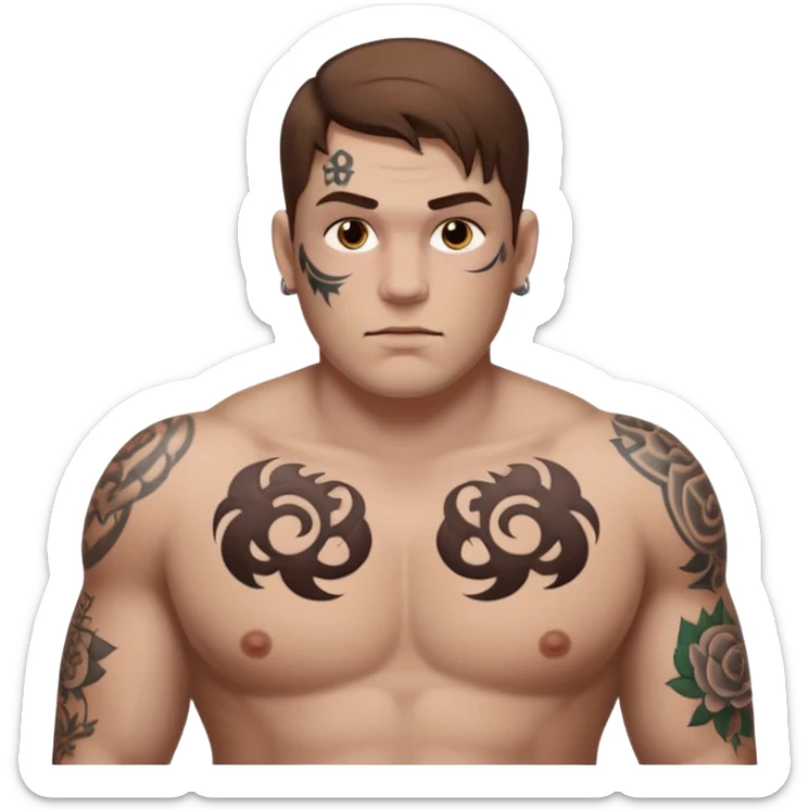 tattoo man, fair white skintone,brown hair, tattoos on face, more visible, bulky man with tattos on his chest, heavy tattooos. sticker