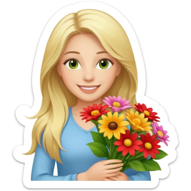 Long blonde haired smiling woman with hazel geen eyes holding a big bouquet of beautiful bright flowers  sticker