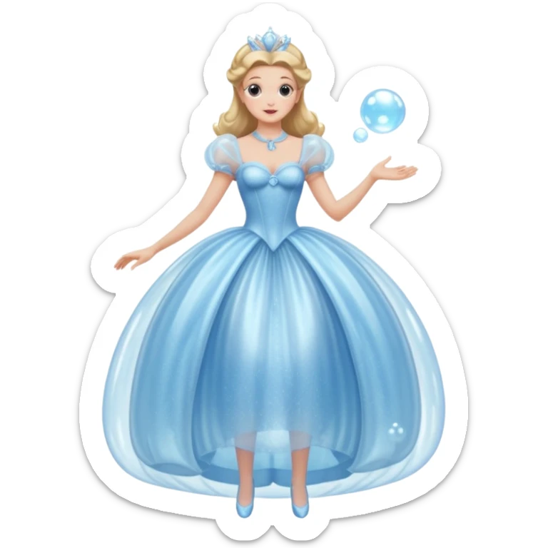 The bubble dress is typically a voluminous ball gown, designed to make Glinda look like she’s literally floating in a bubble. It features:  Pale blue or shimmering white-blue hues  sticker