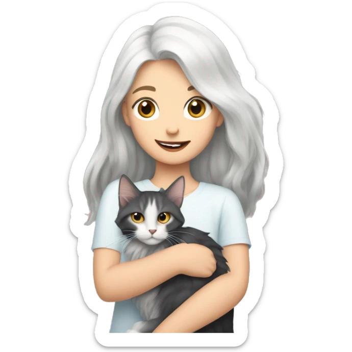 A girl with white hair holds a Maine coon cat in her arms sticker