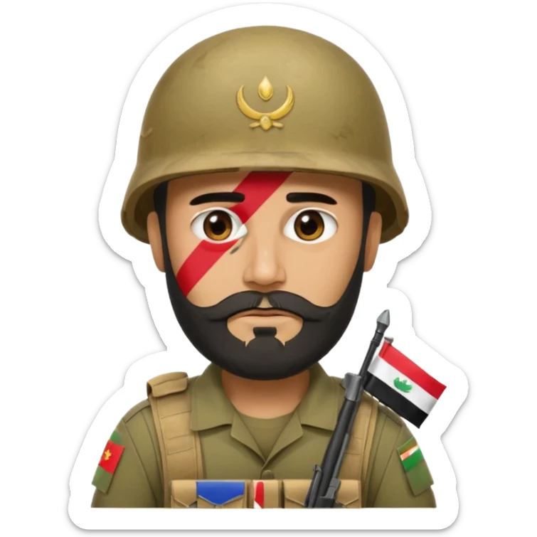 A very tired and sad, swarthy Iraqi soldier with a beard, an Iraqi flag on his helmet, a sad expression and bags under his eyes sticker