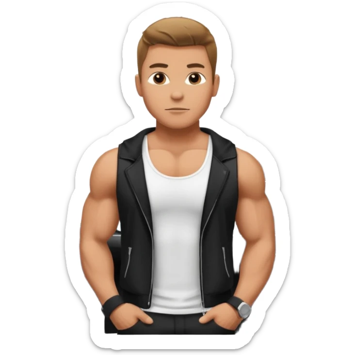 muscular man emoji wearing a white tank top and black jacket with a black car behind sticker