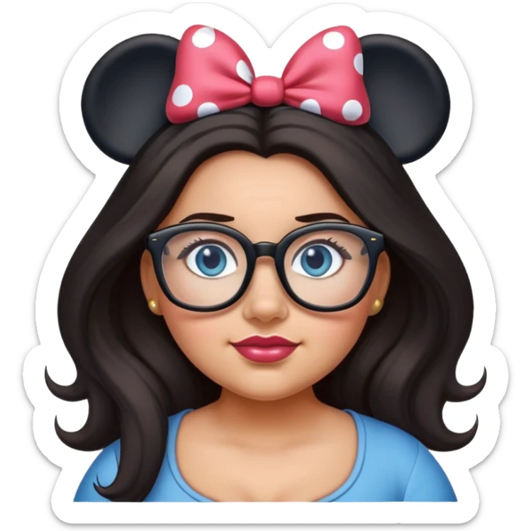 Thick Woman Blue eyes glasses Long dark hair Minnie mouse ears sticker