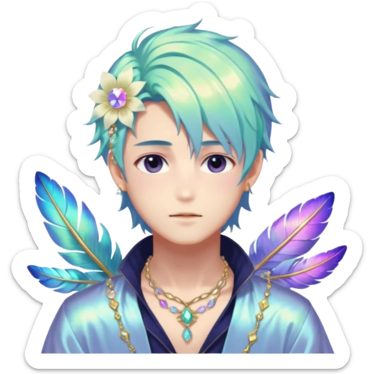Beautiful gorgeous anime guy with beautiful iridescent-special-hair, fashion aesthetic, ethereal, fairycore, pastelcore, feather, flower, gems, accessories, jewelries, gold, colorful sticker
