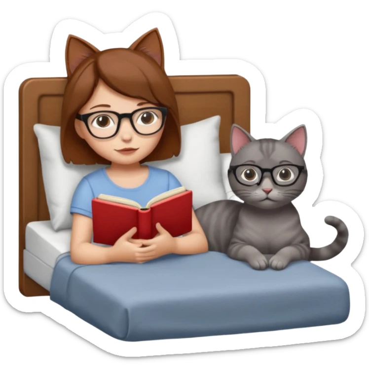 A girl is lying in bed. She has short chestnut hair styled neatly, is wearing glasses, and is reading a book. A grey cat is lying on her legs. The girl has no headband or ears, and the cat is not wearing glasses. sticker