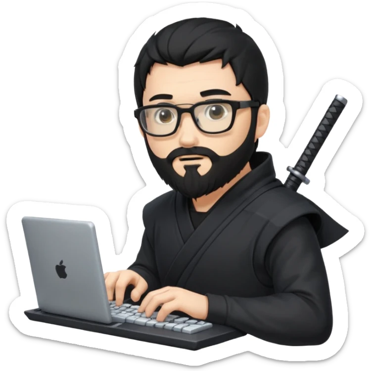Man with black hair and beard wearing glasses in a ninja costume. Keep the top left version, make the beard longer and replace the sword on his with a computer keyboard  sticker