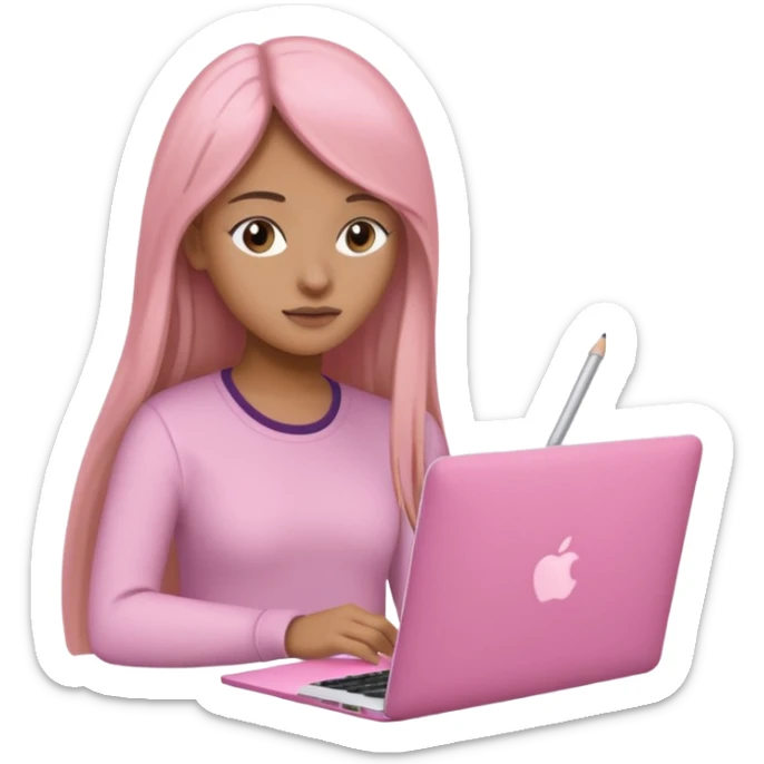 Mujer lacia peli larga y peli larga  en una MacBook rosa investigando y haciendo tareas con un libro de apuntes y con cara muy linda como modelo sticker