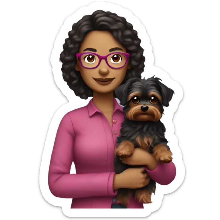 40 years old woman with dark brown long hair ,slidly curly wearing glasses with a dark pink frames  holding a yorkie dog sticker