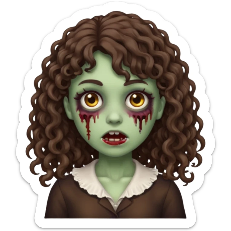 Emoji garota zombie com cabelo castanho escuro cacheado longo com franja cacheada sem volume sticker