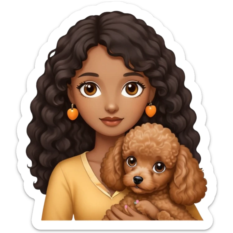 woman with  brown  skin,longblack wavy  hair and brown  eyes is holding a apricotpoodle puppy sticker