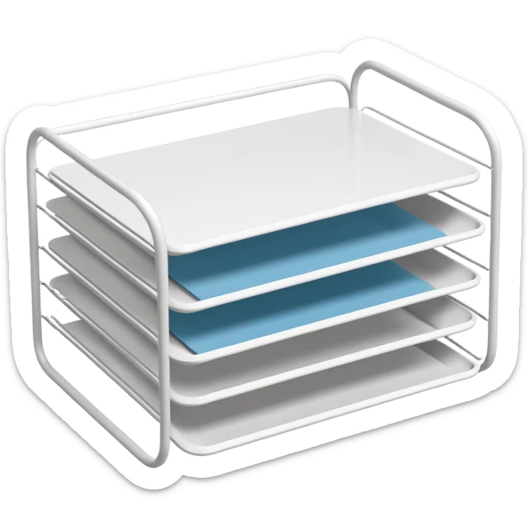 A minimal, clean emoji-style illustration of a white metal desk paper organizer tray, shown in slight isometric view so its structure is readable at a small scale. The organizer is rectangular with rounded corners, made of thin white metal wires, forming two to three stacked horizontal slots.
 sticker