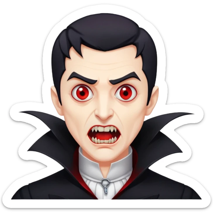 Nam 50 tuổi, mắt đỏ, da trắng, tóc ngắn màu đen,mồm mở rộng, có răng nanh, mặt hơi đáng sợ như ma cà rồng, áo măng tô cổ cao màu đen, nửa thân trên sticker
