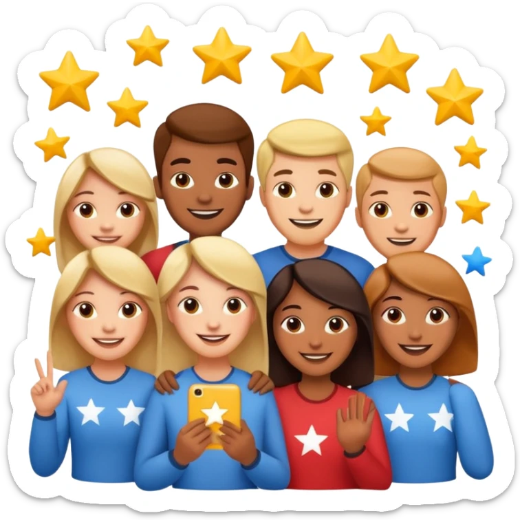 Make me an emoji for an app. The emoji is to highlight "social", "Real people", Reviews, trust, and brand recognition sticker