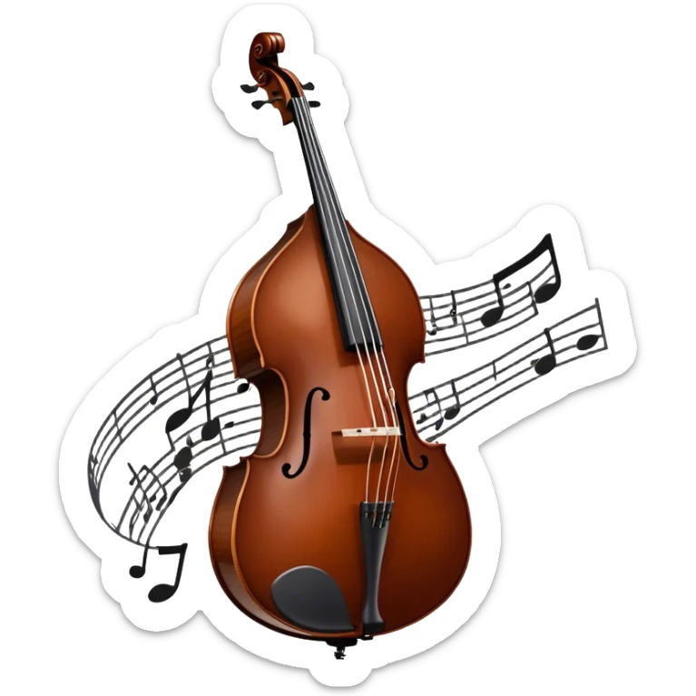Create an elegant and detailed emoji representing a Gliga Gama double bass with bow. The design should showcase the large, sleek body of the double bass with its rich wood finish, including the characteristic curves and deep tone holes. The bow should be elegantly positioned next to the instrument, highlighting the hair and smooth wooden stick. Use warm wood tones like chestnut brown for the body of the bass, silver accents for the fittings, and dark brown for the bow. Add subtle musical notes or sound waves flowing from the bass to represent its deep, resonant sound. The background should be transparent. sticker