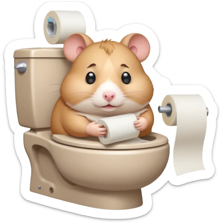 Cute chubby cartoon-style hamster sitting on toilet holding toilet paper looking as if he had an accident, sticker-style illustration sticker
