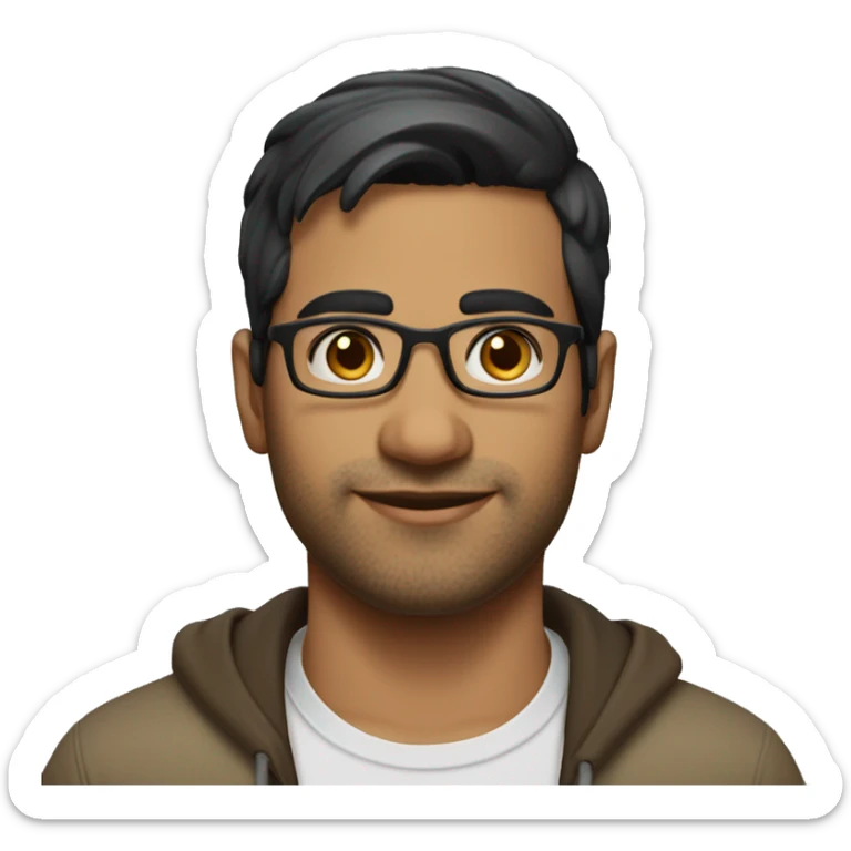 A head and shoulders shot of a 31 year old South Asian man, with short black hair, with none facial hair,  wearing glasses with brown eyes wearing a t-shirt. sticker