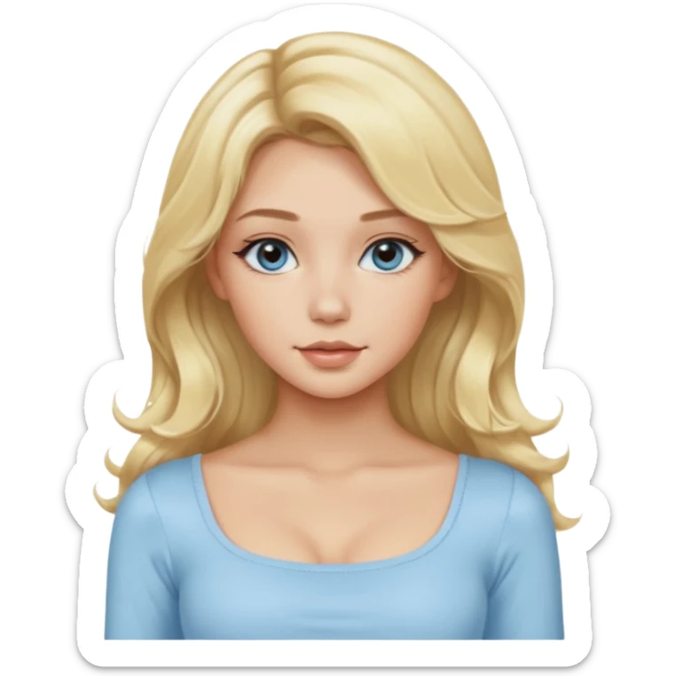 pretty girl blonde soft wavy long hair middle part makeup light baby blue skin tight square neckline long sleeve top sticker