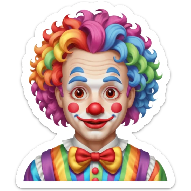Middle-age man with Curly rainbow hair of clown — soft pastel curls tied high sticker