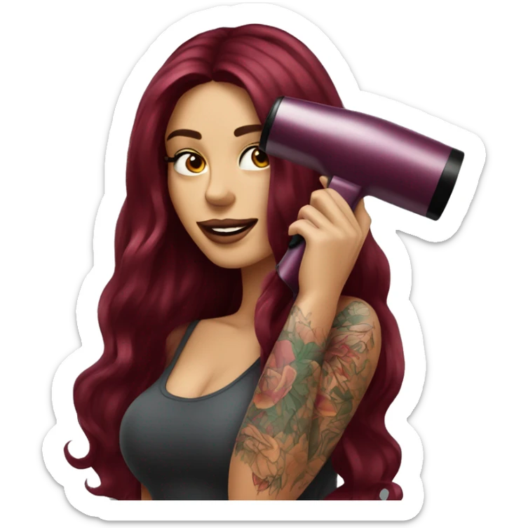 Beautiful tattooed  burgundy long haired woman blow drying her hair sticker