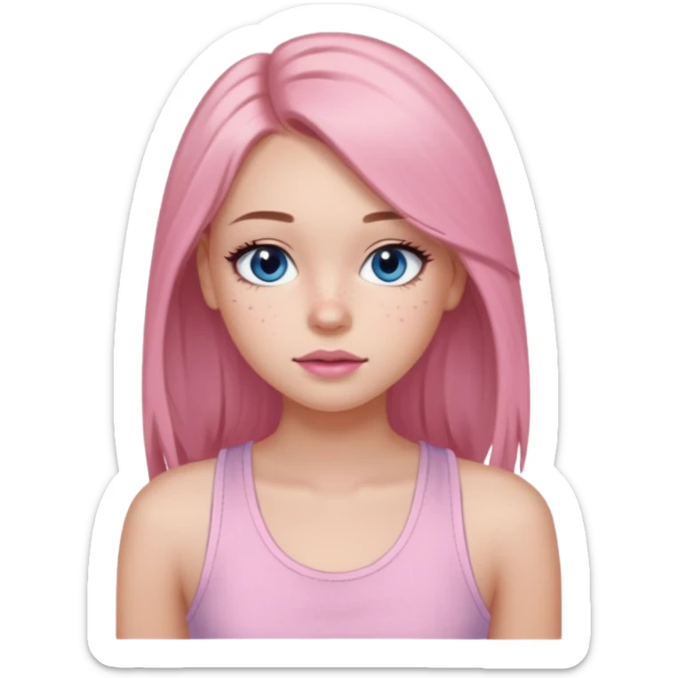 Create a TEENAGE girl with LONG and straight light brunette hair with a middle part, light skin, light freckles, and blue-gray eyes. She will have pink lips and LONG eyelashes. She will be wearing a light pink tank top sticker