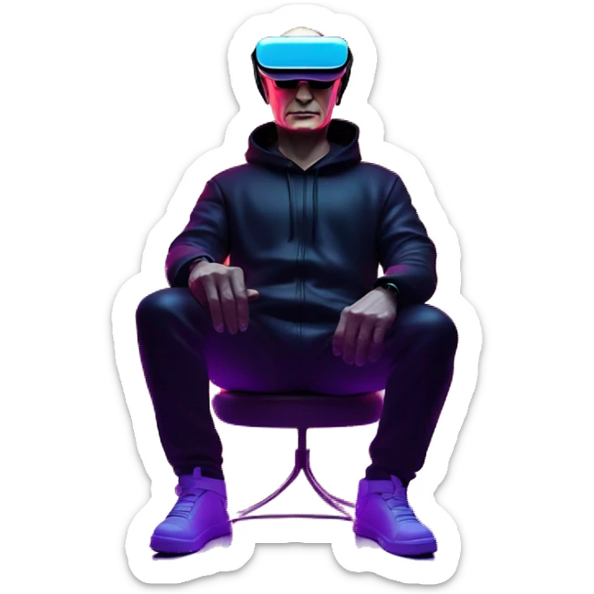 Vladimir Putin wearing a black hoodie with "OMG" letters on it and VR headset oculus quest 2 in a cyberpunk VR environment with violet neon lighting. sticker