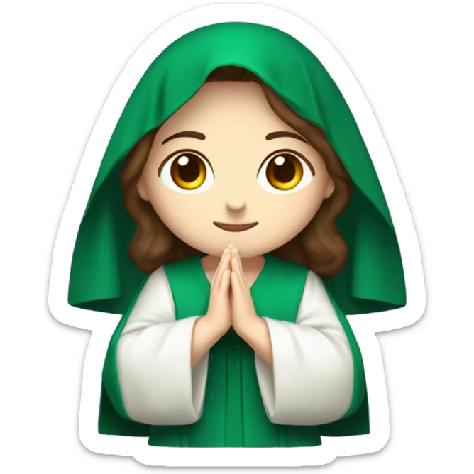 Serene and kind face pale skin with with brown hair. Wearing an emerald green  robe and white veil. Hands in prayer or blessing. Halo around her head. Often standing on a crescent moon.  sticker