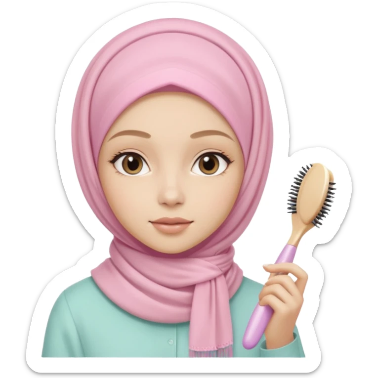 clean girl aesthetic emoji, vanity scene with skincare products, a hairbrush, and a pastel hijab draped neatly, soft lighting, neutral tones sticker