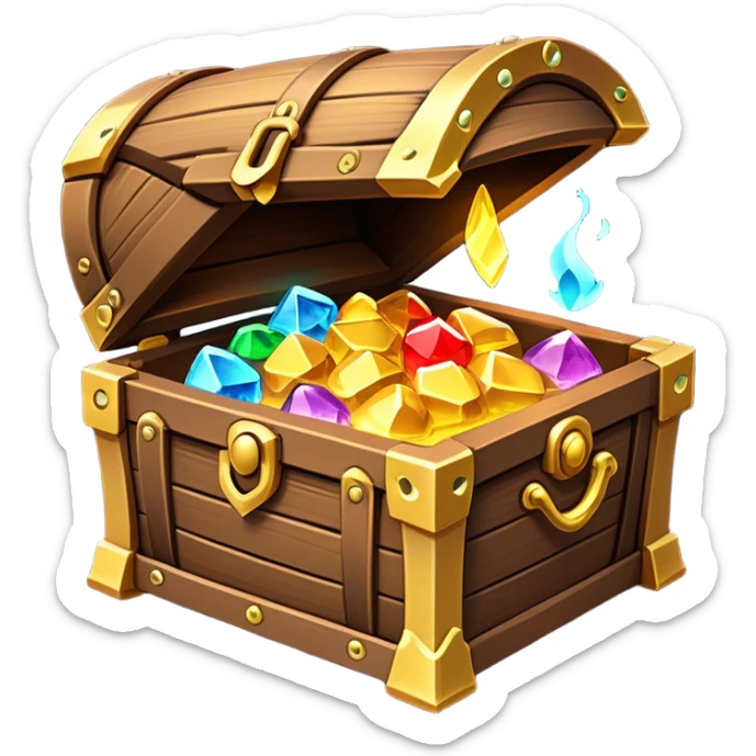 Clash of Clans aesthetic: Cinematic Playful 3D Isometric Treasure Chest Emoji, rendered in a 3D vector-style similar to standard emojis with minimal shading and bold, simplified shapes. A compact, distinct form with signature details, softly glowing with a fantasy RPG magic charm. Simplified yet unmistakably iconic, highly detailed and consistent, glowing with a soft radiance and high shine. Stylized with a touch of heroic grandeur and a soft glowing outline, capturing the essence of a beloved gaming relic with a friendly, playful manner! sticker