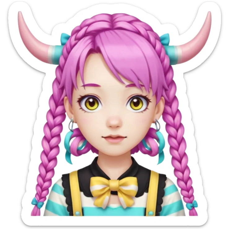 En anime-ku-jente med to rosa lange tykke fletter og cyan striper i håret, ku-horn og ku-ører, sort BH-topp over en gul cropped-fleece-blouse, lilla øyne, søt sløyfe på halsen  sticker