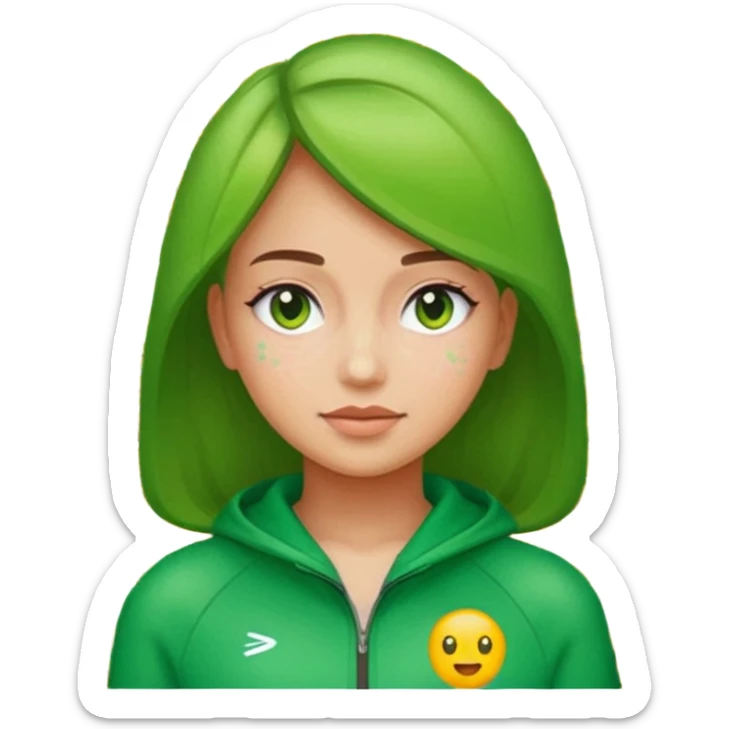 ​"A mosaic portrait of a girl in a green tracksuit, made of tiny emojis, digital art style, pixelated emoji textures, vibrant colors, creative composition." sticker