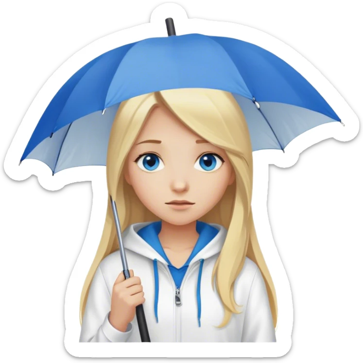 Cinematic realistic emojis in the form of a blonde girl with long hair, blue eyes, wearing a white hoodie, holding an umbrella over her sticker