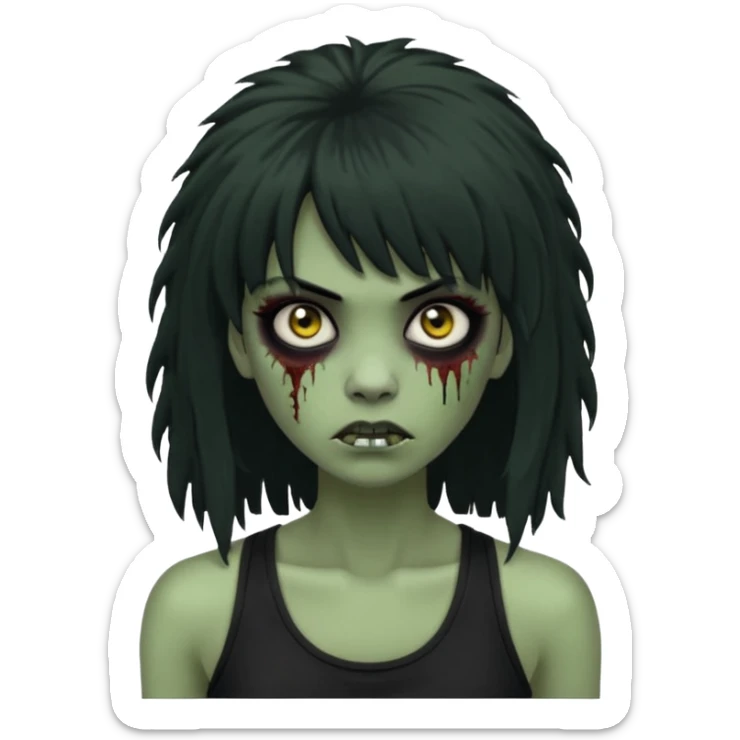 a female zombie with sage green skin, black long afro hair with bangs, and a black tank top  sticker
