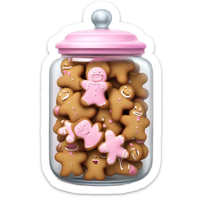 Realistic glass cookie jar with light pink lid full of gingerbread cookies isolated.  sticker