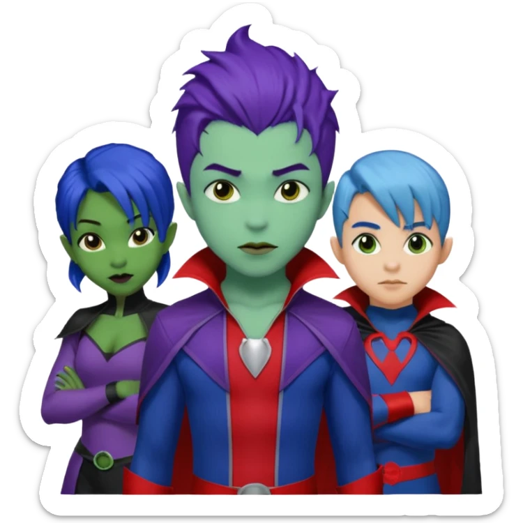 Solo poly platonic relationship, one African girl, one Asian boy, one biracial features Asian tomboy girl rat-tail hair long and upper masculine hair 90s, vampire and marvel cosplay elements inspired  use marvel race, like instead of obvious human, green purple blue etc,  sticker