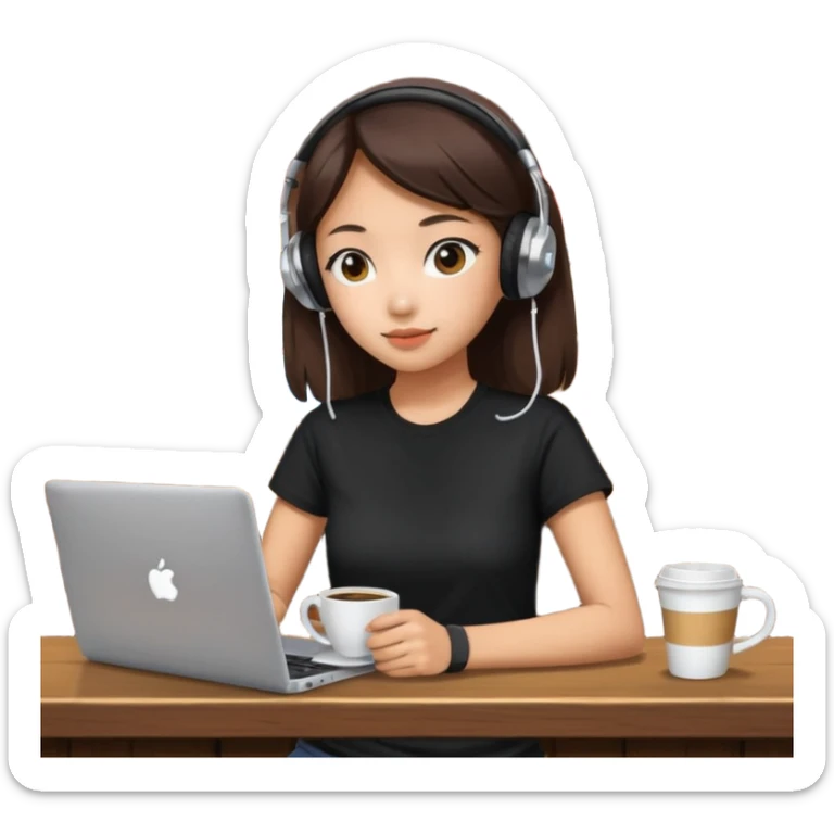 A Korean girl at a dive bar with a laptop and headphones on holding a cup of coffee sticker