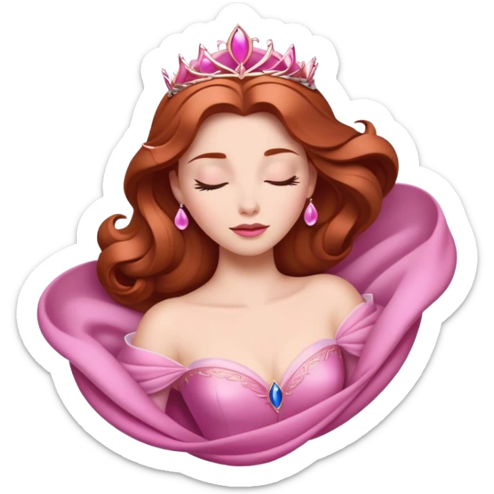 Cinematic Majestic Sleeping Beauty Portrait Emoji, rendered in a clean, vector-style with bold, simplified shapes. Show Aurora with a serene, noble expression, luminous porcelain skin, and elegantly flowing auburn hair, dressed in an opulent pink ball gown. The design radiates a majestic, enchanted glow with high shine and a soft glowing outline, embodying classic royal elegance. sticker
