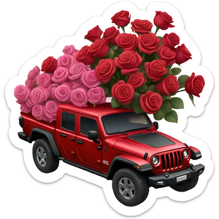 Realistic Red Jeep Gladiator with the truck bed full of different shades of red and pink roses. sticker