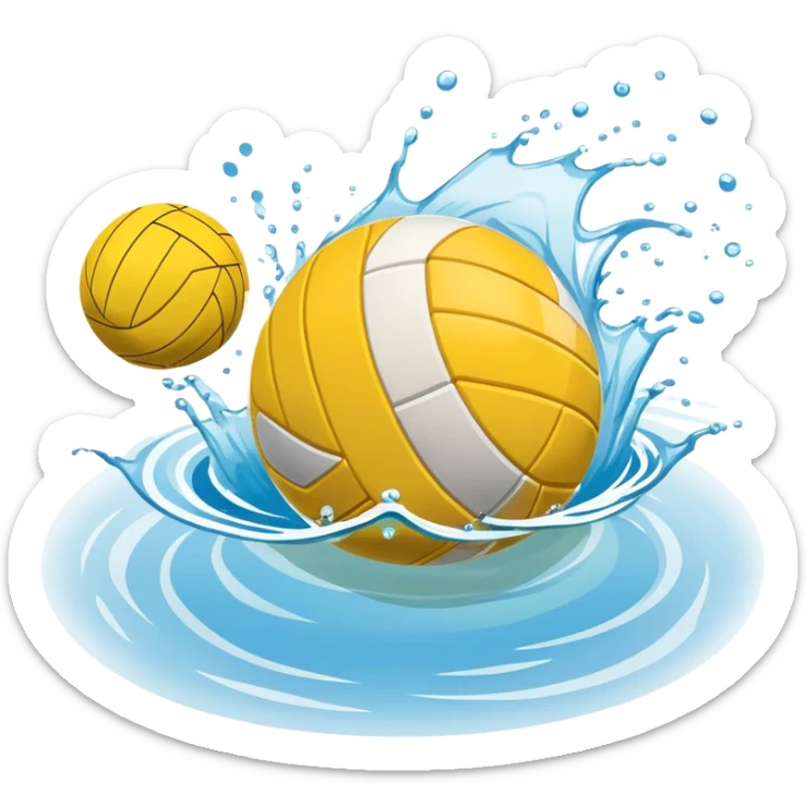 An icon featuring a yellow water polo ball floating on the water with goals in the background, inside a swimming pool. The design includes splashes and ripples, symbolizing the fast-paced action and strategy of water polo. Transparent background highlights. sticker