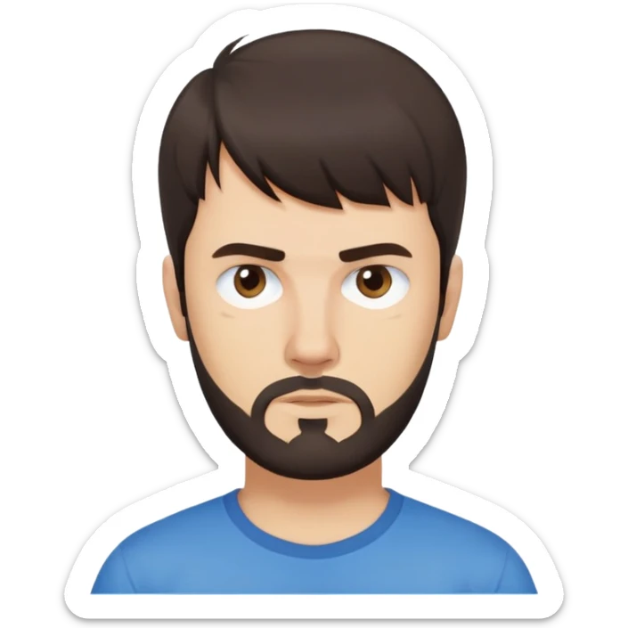 Caucasian Argentine man with straight dark brown hair, loose hairstyle with bangs, short full beard, serious-neutral expression, basic blue t-shirt sticker
