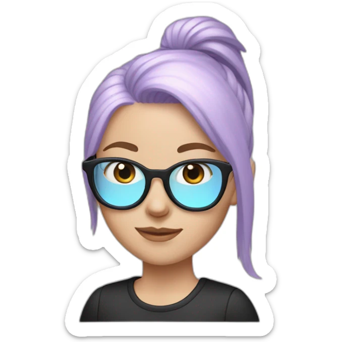 White girl with light purple hair with Ponytail and pastel pink and pastel blue glasses with a black shirt sticker