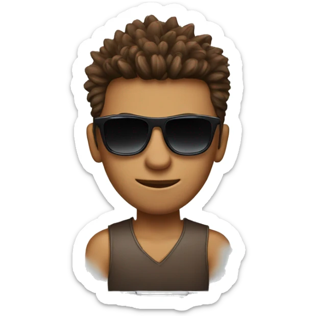 Person with faux hawk brown hair and sunglasses behind a laptop sticker