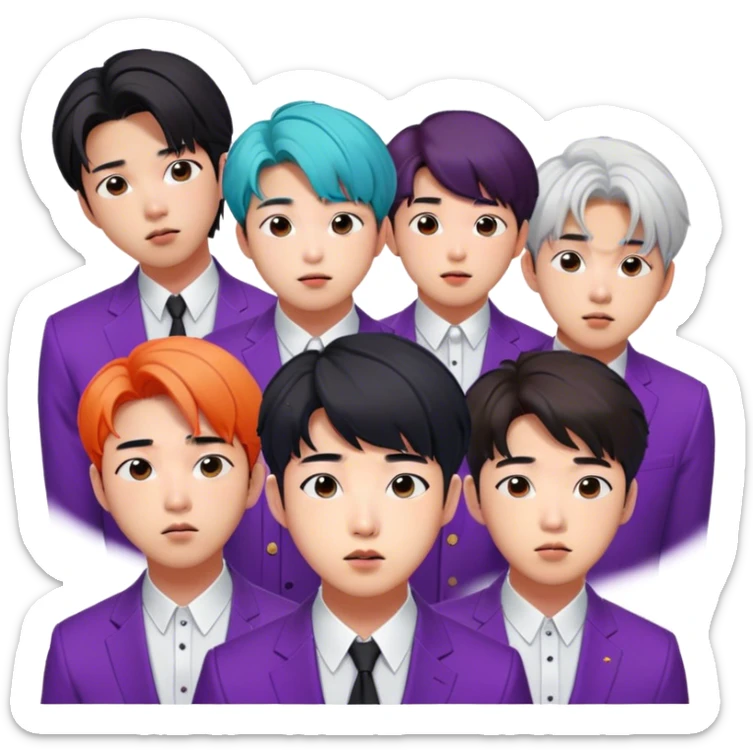 Cinematic Realistic group portrait of BTS featuring all 7 members in stylish modern attire, with detailed facial expressions and vibrant colors, captured in dynamic, contemporary lighting that emphasizes their global pop icon status sticker