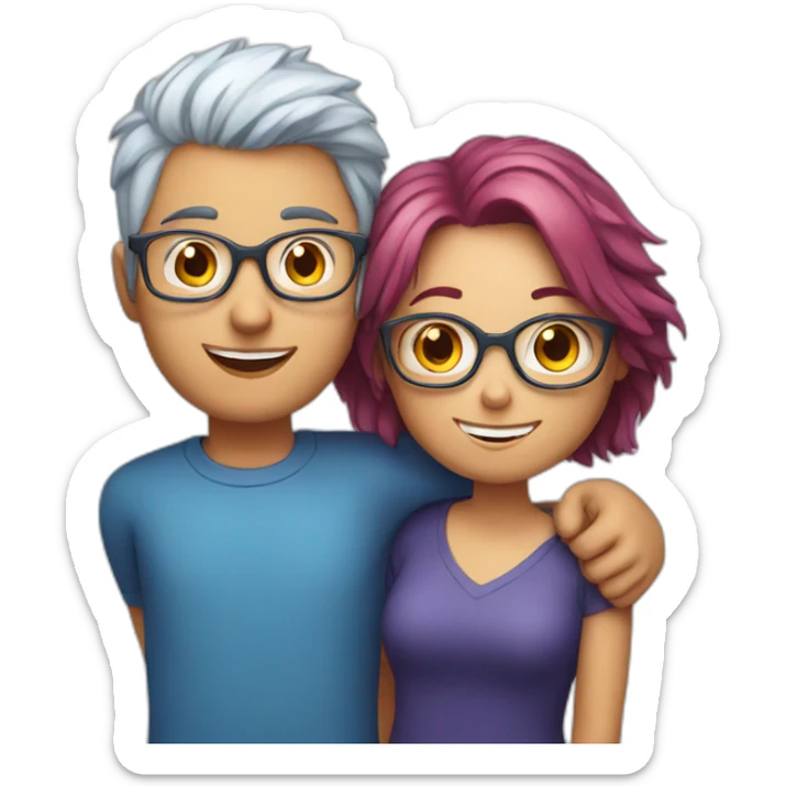 a boy with silver hair and a curvy girl with red hair and blue glasses hugging sticker