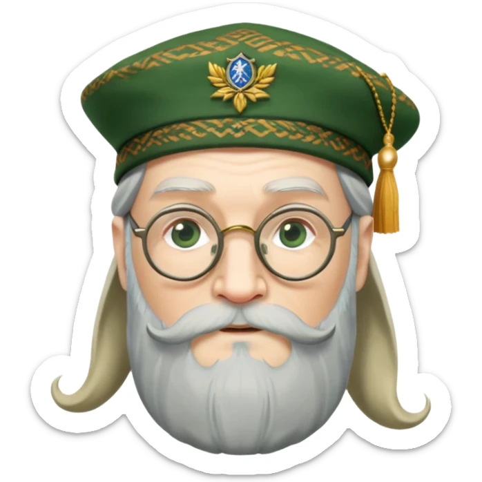 Dumbledore wear green scotland Tam o'shanter cap with decorative patterns, wear glasses, very long beard sticker
